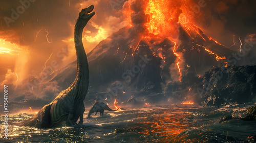 Fototapeta Naklejka Na Ścianę i Meble -  Prehistoric Dinosaurs Facing Dual Threats of Volcanic Eruption and Tsunami on Fantasy Island