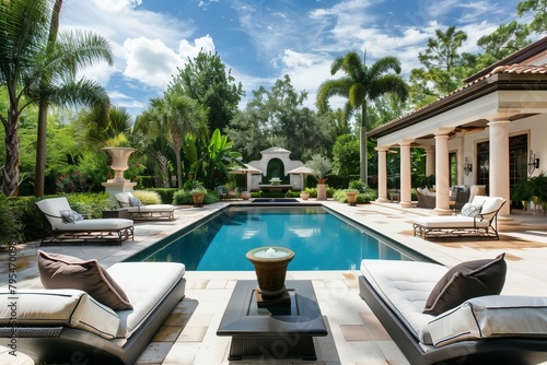 Luxurious backyard retreat with plush outdoor furnishings surrounding inviting pool waters.
