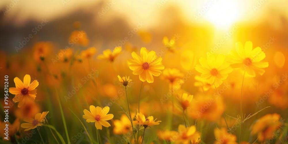 Beautiful field of yellow wild flowers at sunset. Tranquil, soft, idyllic spring summer nature blurred background. 