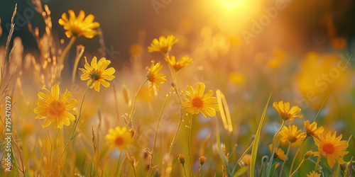 Beautiful field of yellow wild flowers at sunset. Tranquil  soft  idyllic spring summer nature blurred background. 