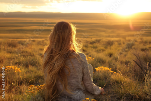 Woman in the field looking at the sunset