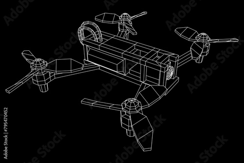 FPV Drone Racing freestyle sport flight. Hobby toys. Wireframe low poly mesh vector illustration.