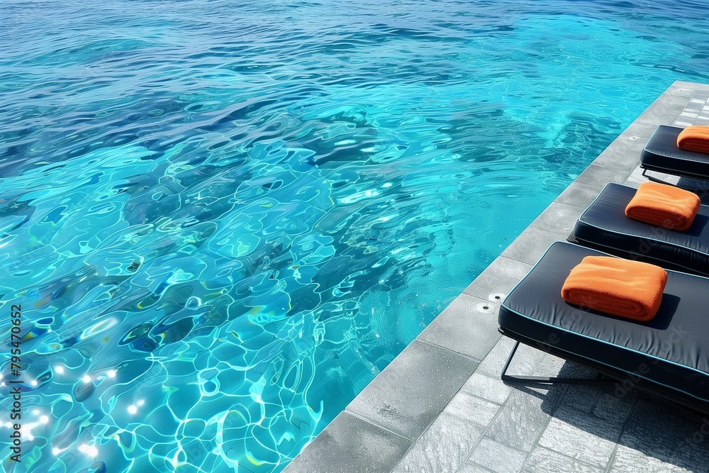 Relaxation haven with modern lounge chairs beside a sparkling azure pool.