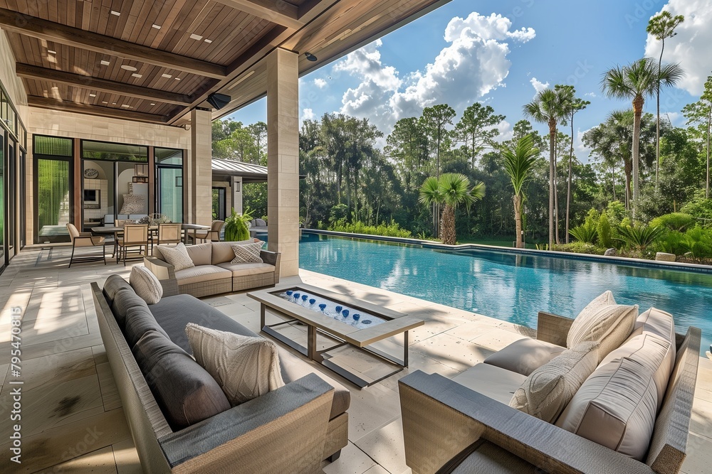 Relaxation space adorned with cozy outdoor furnishings by the shimmering pool.