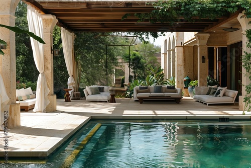 Relaxation space adorned with cozy outdoor furnishings by the shimmering pool. © Sidra