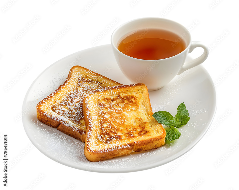 French toast in plate with cup of tea on transparent background French toast in plate with cup of tea on transparent background