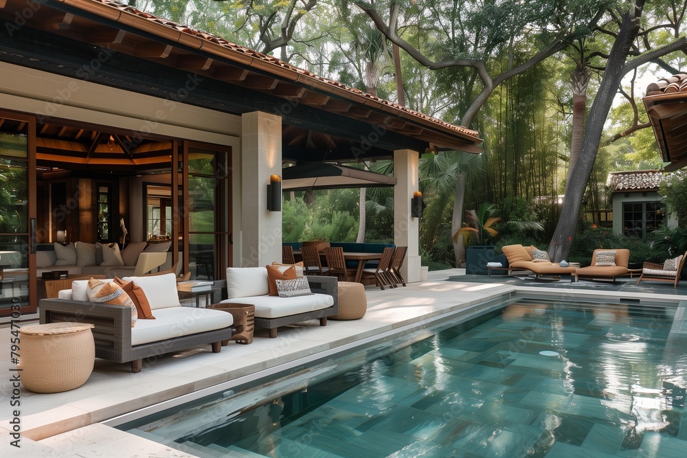 Relaxation space adorned with cozy outdoor furnishings by the shimmering pool.