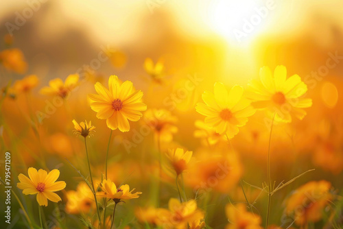 Beautiful field of yellow wild flowers at sunset. Tranquil, soft, idyllic spring summer nature blurred background. 