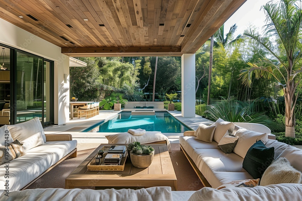 Serene outdoor living space adorned with comfortable furnishings by the poolside.