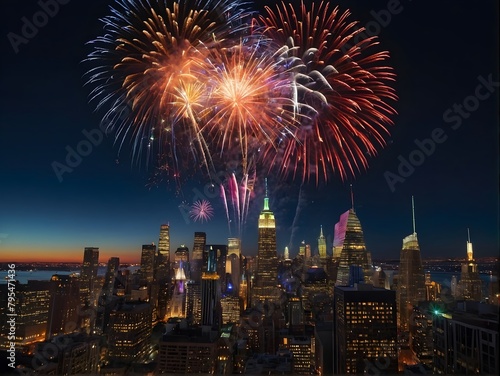 A patriotic atmosphere with fireworks and US flag in front of city skyline