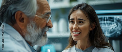 Dentist explaining dental implant procedure to patient in clinic setting. Concept Dental Implant Procedure, Patient Education, Dental Clinic, Oral Health, Tooth Replacement photo