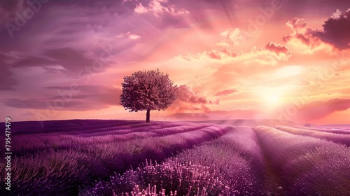 Stunning lavender field landscape Summer sunset with single tree photo