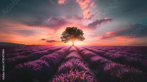Stunning lavender field landscape Summer sunset with single tree photo