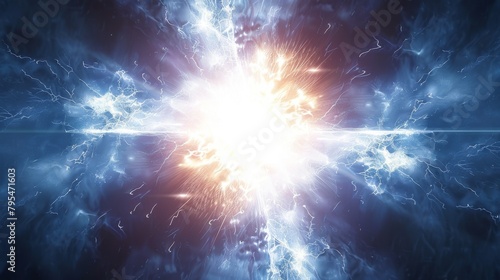 A bright light is surrounded by a blue and white explosion