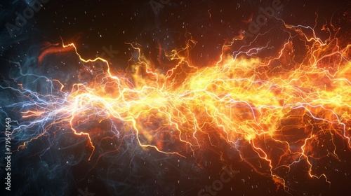 A bright orange and blue lightning bolt with a black background