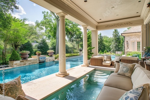 Sophisticated outdoor living space adorned with plush seating around pool.