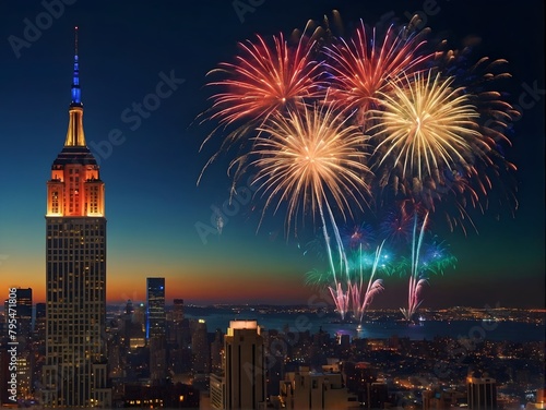 A patriotic atmosphere with fireworks and US flag in front of city skyline