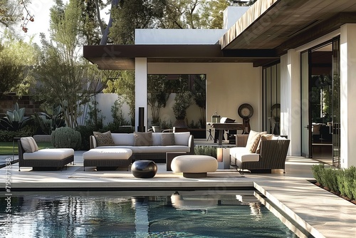 Stylish outdoor living area with contemporary furniture arrangements beside the pool.