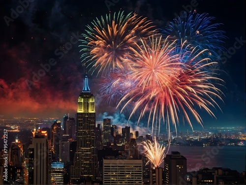 A patriotic atmosphere with fireworks and US flag in front of city skyline