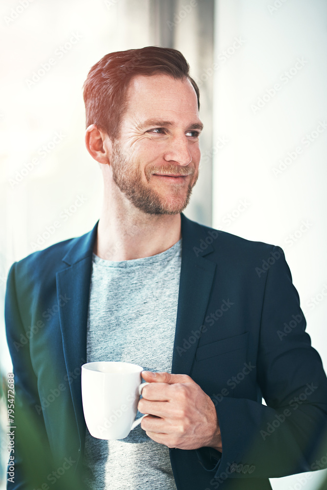 Business man, coffee and thinking in office with ideas, inspiration and happy for startup career. Professional person or entrepreneur with tea, beverage and drink for morning brainstorming or vision Business man, coffee and thinking in office with ideas, inspiration and happy for startup career. Professional person or entrepreneur with tea, beverage and drink for morning brainstorming or vision