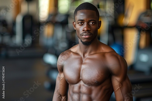 African American bodybuilder man, on gym background