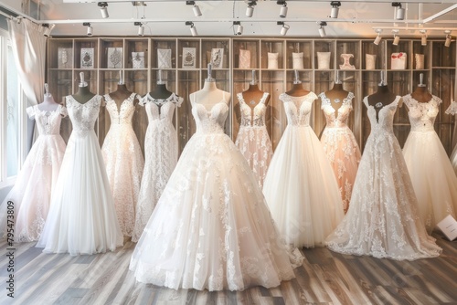 A row of white wedding dresses are displayed in a store. The dresses are all different styles and lengths, but they all have a similar color scheme photo
