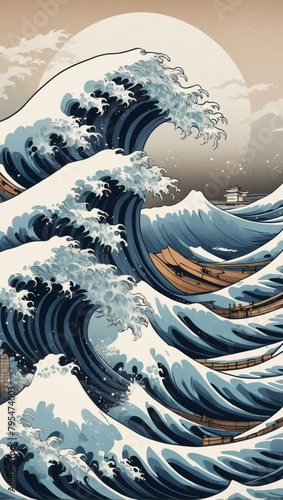 Serene Seascape, Japanese Style Illustration Wallpaper Depicting the Graceful Movement of a Great Wave.