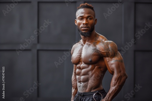 African American bodybuilder man, on black background