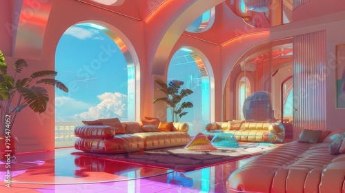 Retro Futurism 80s Style Living Room with Holographic Silk Arched Windows, Chrome Accents, and Shimmering Atmosphere 