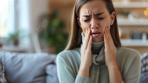 Seeking Relief Person Depicts Discomfort of Sore Throat Ailment, Seeks Medical Attention for Soothing Relief and Recovery from Cold, Disease, Virus, Bacteria
 photo