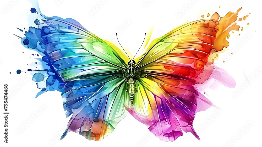 Fototapeta premium Rainbow-colored artistic butterfly isolated on a white background