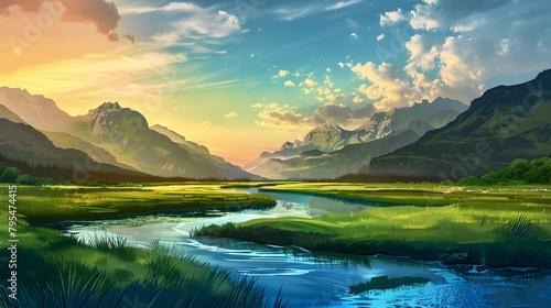 Realistic vector image of the mountain landscape and a river across the green fields.
