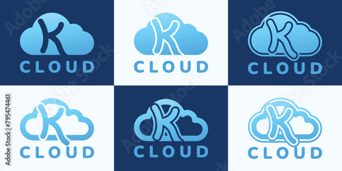 Set of letter K blue cloud logo. This logo combines letters and cloud shapes. Suitable for internet companies, apps, digital storage and the like.