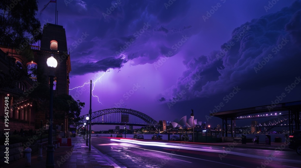 Obraz premium An iconic city landmark, momentarily highlighted by the intense purple flash of lightning, a contrast of permanence and the ephemeral.