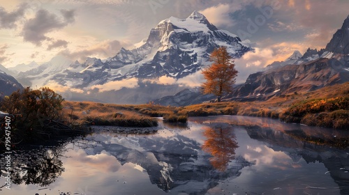 panoramic view on Eiger at dusk in autumn