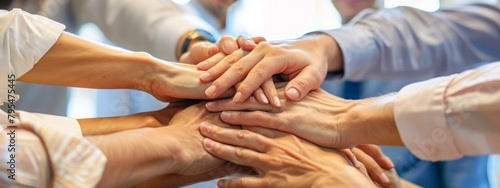 Close-up of a diverse team stacking hands in a show of unity and teamwork, symbolizing collaboration and partnership in a corporate setting photo