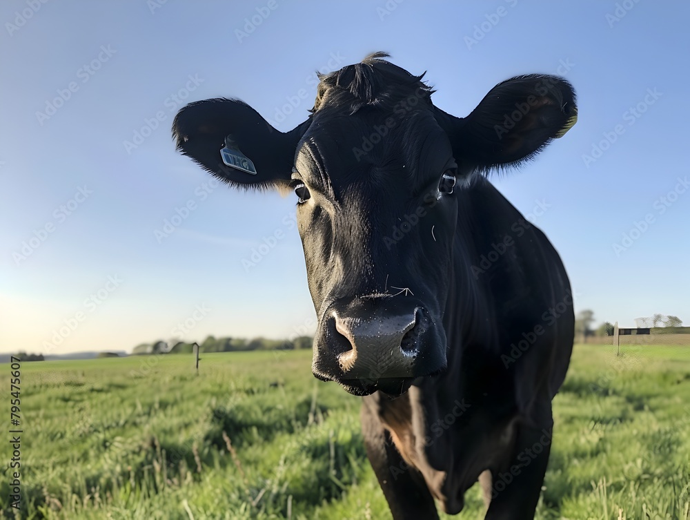 Curious Black Cow Standing in Lush Green Meadow with Blue Sky
