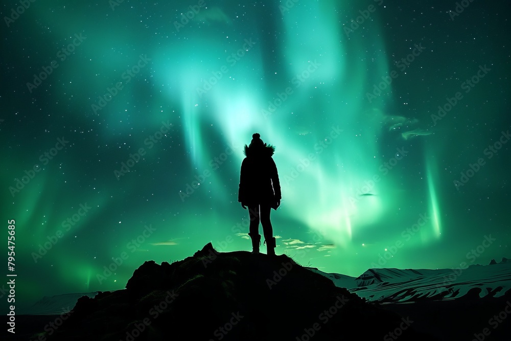Fototapeta premium silhouette of a person in looking at Aurora Borealis in Iceland 