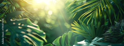 A high-resolution image showcasing vibrant green leaves basking in sunlight, ideal for desktop wallpaper with ample copy space © JovialFox