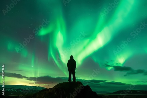 silhouette of a person in looking at Aurora Borealis in iceland