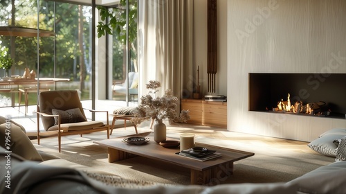 Soothing Sophistication Modern Interior Design for a Warm and Bright Living Room with Fireplace, Wood Furniture, and Copyspace © Didikidiw61447