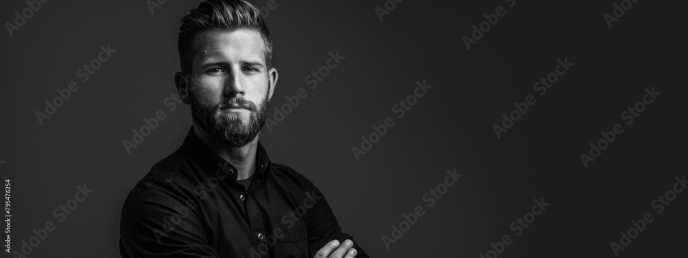 Black and White Studio Portrait of a Man: A high-contrast monochrome studio portrait showcasing a young caucasian male with a trimmed beard, looking confidently into the camera. Black and White Studio Portrait of a Man: A high-contrast monochrome studio portrait showcasing a young caucasian male with a trimmed beard, looking confidently into the camera.
