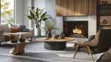 Soothing Sophistication Modern Interior Design for a Warm and Bright Living Room with Fireplace, Wood Furniture, and Copyspace