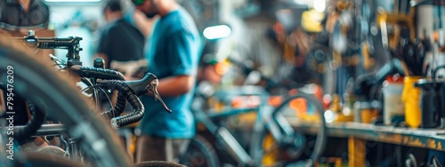  In a bicycle repair shop, a diligent mechanic fine-tunes a bike, showcasing the precision and expertise required in the trade photo