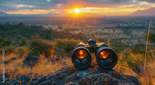 Close-up of binoculars overlooking a safari landscape, blurred African savannah photo
