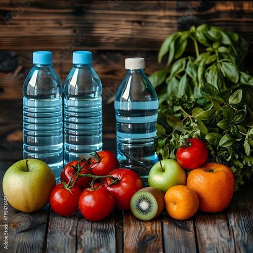 Assortment of Fresh Produce and Bottled Water on Rustic Wooden Table Healthy Lifestyle and Wellness Concept