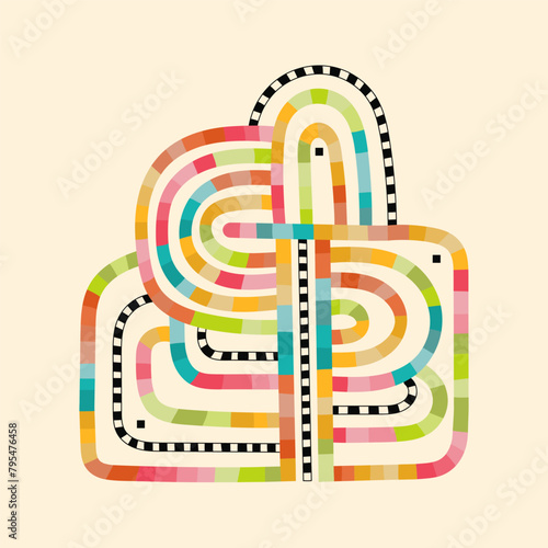 Urban artistry with this hand-drawn vector sign. Against a beige backdrop, a maze-like building of neon shapes forms a colorful pipeline, evoking a sense of mystic mood and dispersed civilization.