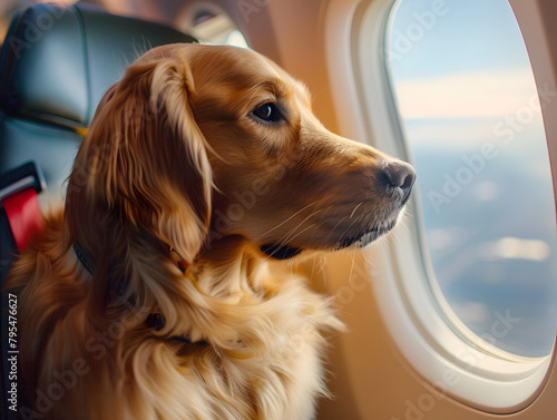 Fawncolored companion dog with whiskers staring out window on plane