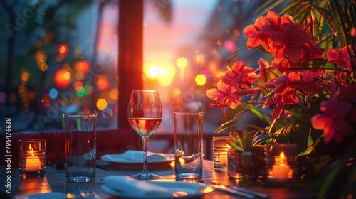 A table with a wine glass and a vase of flowers