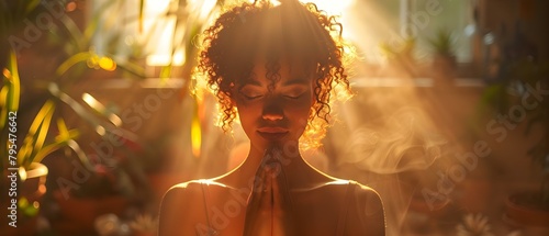 Image of a woman praying at home showing faith gratitude and hope. Concept Faith, Gratitude, Hope, Woman, Praying photo